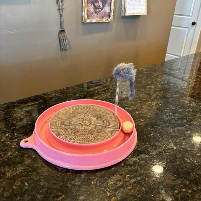 Scratcher Cat Toy with Ball Track Assorted Colors Pad Board for Indoor Play Physical Interactive Toy with Spring & Ball. Perfect for Chasing, Hunting, Mental & Physical Exercise Puzzle (Pink)