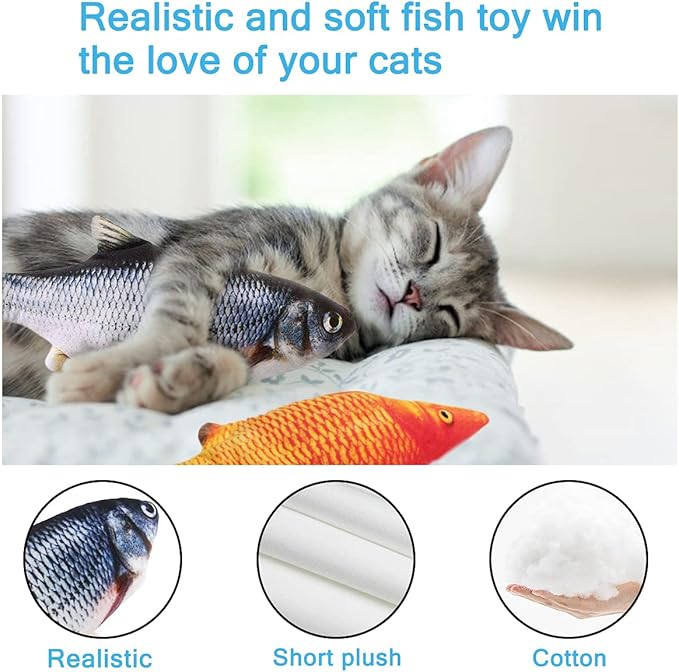 Cat Toys Interactive Flopping Fish with Catnip, 2 Pack Automatic Cat Toys for Indoor Cats, 11" Electric Moving Cat Kicker Toy, Wiggle SilverVine Floppy Fish for Kitty, Bored Kitten Self Play Toys