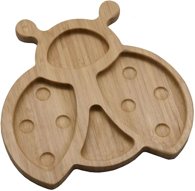 4916, Bamboo Food Plates for Snacks, Appetizer, Fruit, Vegetable - Divided Four Compartments, Eco-Friendly, Ladybug Shaped, 8x8.25 inches, 1 Pack