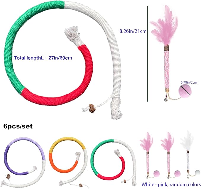 AcceLeah Cat Worm Toy Refills Cats Teaser Toys Wand Replacement,Cat Worms and Dragonfly Refill,Cat Wand Toy Assorted Teaser Refills with Bell (6Pcs Random Color Set)