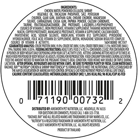 Rachael Ray Nutrish Natural Wet Cat Food with Added Vitamins, Minerals & Taurine, Chicken & Shrimp Pawttenesca Recipe, 2.8 Ounce Cup (Pack of 12), Grain Free