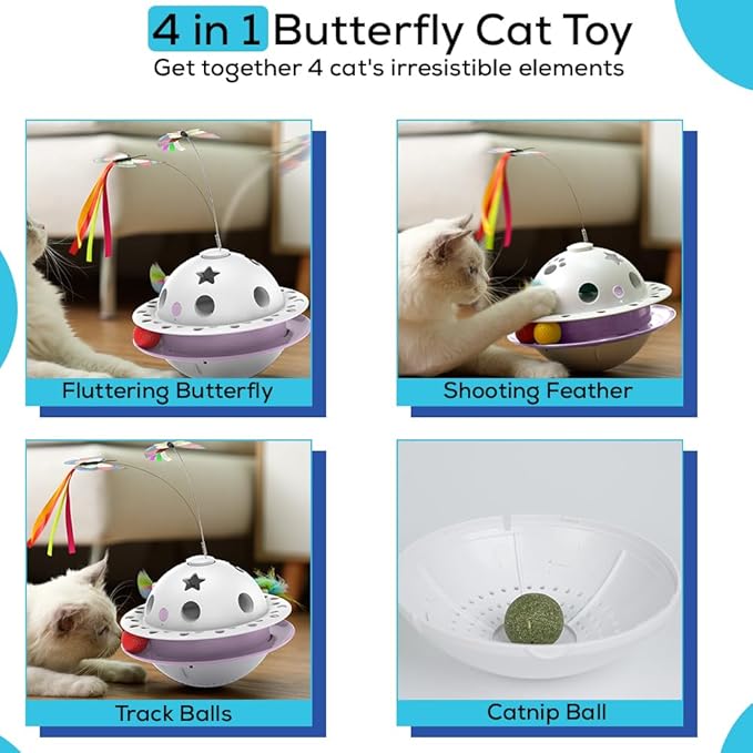 Interactive Cat Toys for Indoor Cats 4 in 1, Flying Butterfly, Shooting Feather, Catnip Balls, Automatic Kitten Toy, Dual Power Supplies & Stylish Design, Indoor Exercise Best Toy (Pink)