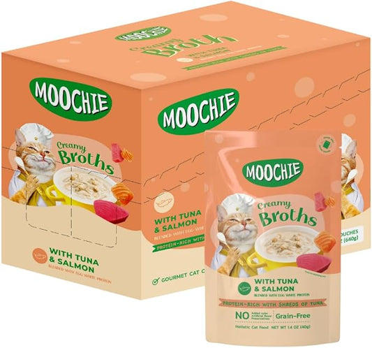 MOOCHIE Grain Free Creamy Broth for Cats - Made with Real Salmon & Tuna - No Artificial Flavors or Preservatives - 16 x 1.4 oz Pouch