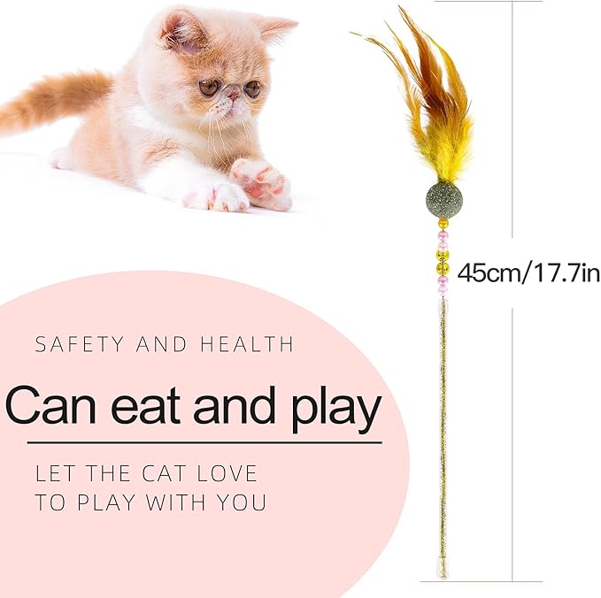 Telescopic Feather cat Toys Combination Interactive Cat Teaser Wand Cat Feather Toys with Loud Bell Long for Cat and Kitten (A-4Pcs)