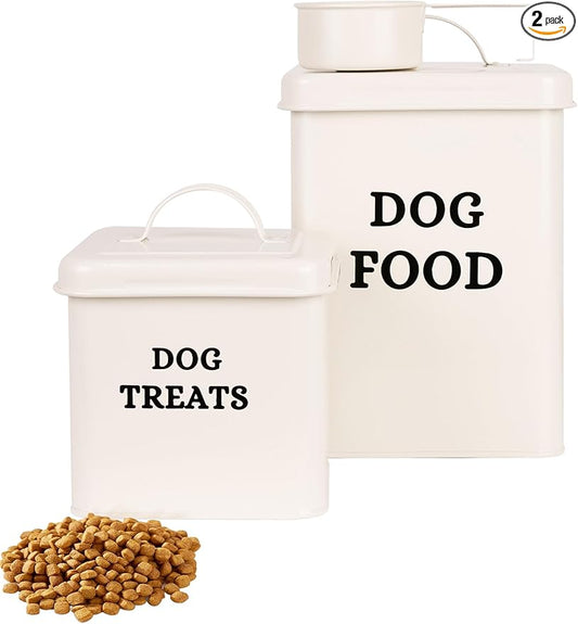 2 Packs Metal Airtight Dog Food Storage Container, Dog Treat Container With Lid & Scoop, Farmhouse Dog Treat Jar Dog Food Container, Cream