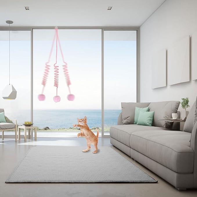 WishLotus Interactive Cat Toys, 2 Pack Soft Plush Cat Toys for Indoor Cats Self-Hanging Door Cat Plush Toys with Bells Long Tail Elastic Indoor Cat Toys for Cat Chase Play and Kill Time (Pink+Yellow)