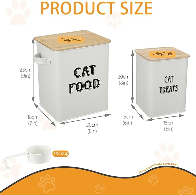 Cat Food and Treats Containers Set with Scoop for Cats or Dogs -Tight Fitting Wood Lids - Coated Carbon Steel - Storage Canister Tins-Cat-White