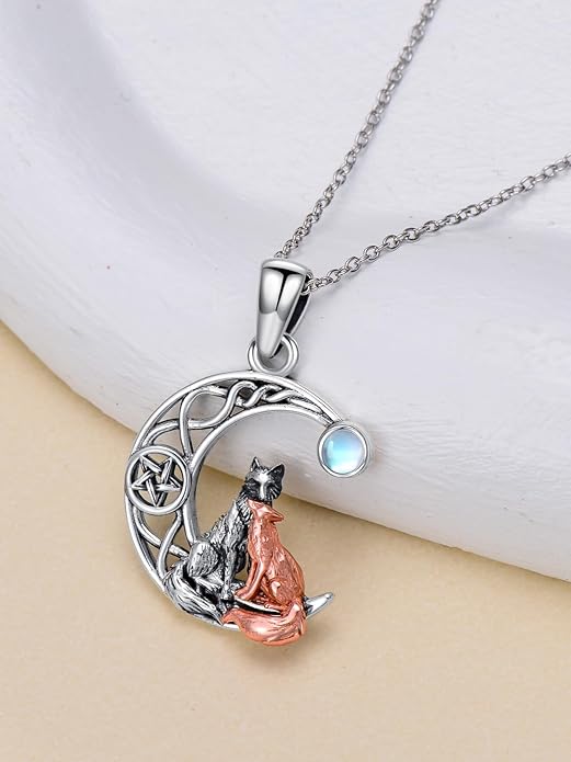 Black Cat/Dragon/Fox/Wolf Necklace 925 Sterling Silver Celtic Moon Pentagram Pendant Gothic Jewelry Goth Halloween Gifts for Women