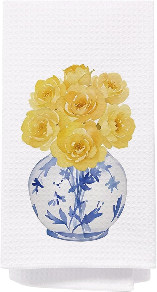 SPBL&L Chinoiserie Decor Kitchen Towels, Blue and White Chinoiserie Vase Yellow Roses Floral Dish Towels for Kitchen, Blue and White Hand Towels for Bathroom, Grandmillenial Decor, 16x24 Inches