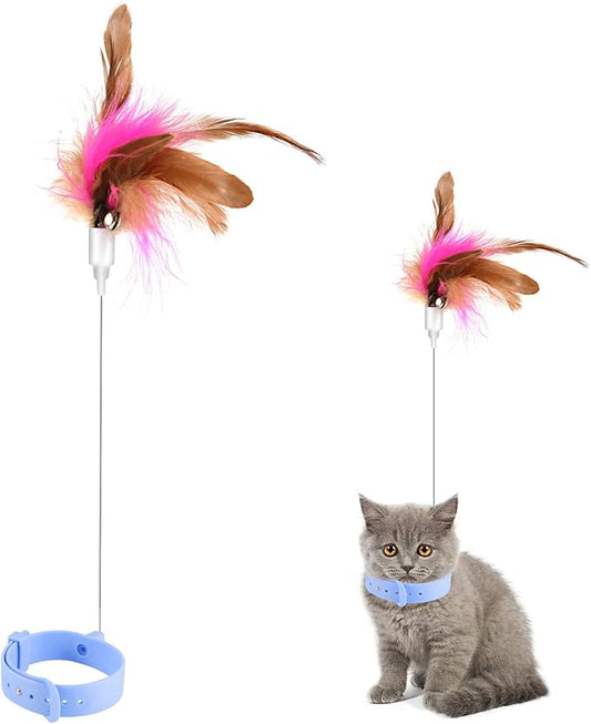 Cat Teasing Wand, Cat Teaser Wand Toy Silicone Adjustable Cat Feather Collar Toys with Bell Cat Interactive Teaser Toys for Indoor Cat Kittens Playing Exercise (Blue)