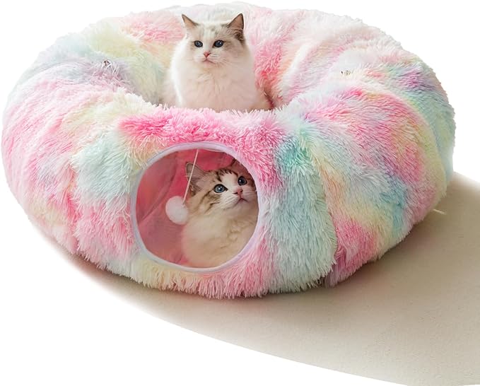 HIPIPET Winter Plush Cat Tunnel with Cat Bed for Indoor Cats,Multifunctional Cat Toys for Small Medium Large Cat. (Rainbow)