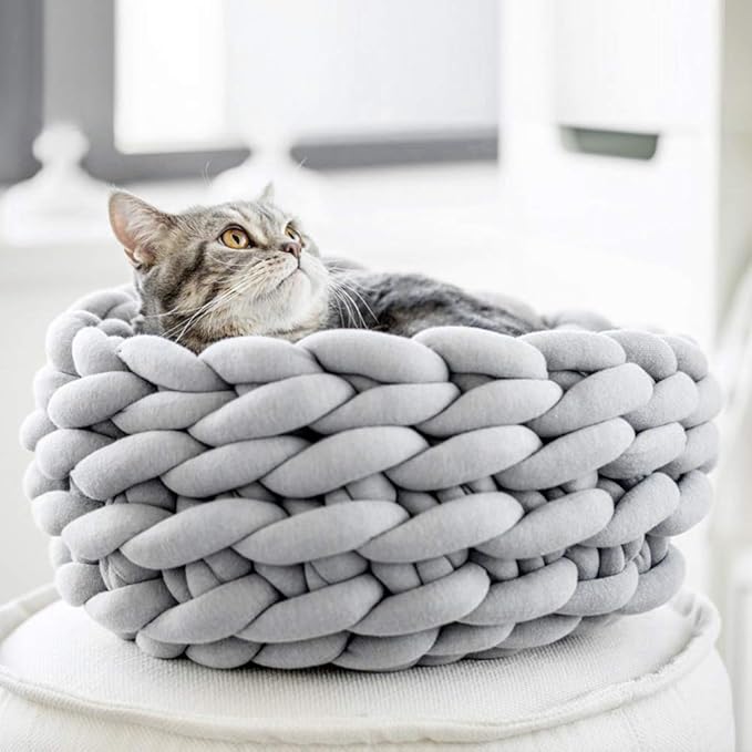 Lucky Monet Cat Basket Bed Cotton Knitted Round Pet Beds for Cats Cute Boho Cat Pet Bed Warm Woven Cat Nest for Puppy Kitten Cats Dogs (15.7", Light Gray)