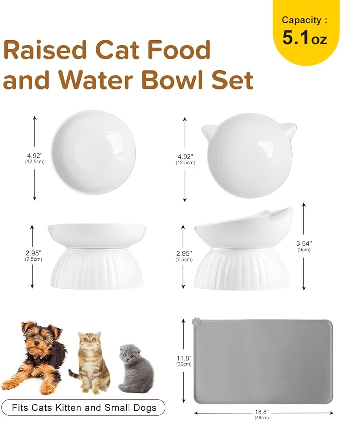 2 Ceramic Raised Cat Food Bowls, Elevated Cat Food and Water Bowl Set, Pet Bowl for Indoor Cats and Small Dogs, Anti-Vomiting Cat Dog Feeder with Plastic Base, Dishwasher Safe (Pure White)