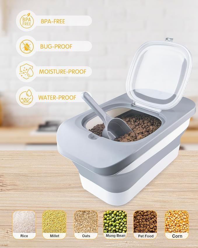 Collapsible Dog Food Container,10-13 LB Cat Food Containers Bin with Lids, Large Pet Food Storage Containers,Dry Food Storage Containers Can Be Use As Cereal Rice Storage Bin, grey