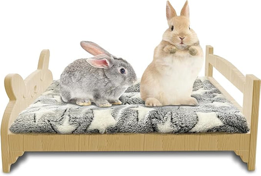 Larged Wooden Rabbit Bed, with Reinforced Bottom Support, Wooden Pet Bed with Removable Cushion, Designed for Small Pets, Suitable for Kittens,Bunny, Guinea Pigs, Puppies, Ferrets Sleeping Pet Bed