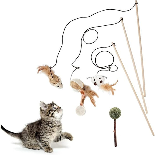 Cat Teaser 3 PCS Interactive Cat Toys Set Mouse Hamster Balloon 16 inch (40 cm) Sturdy Natural Wood Rod Organic Hemp Cord Feather Elastic Rope Small Bell Catnip Lollipop