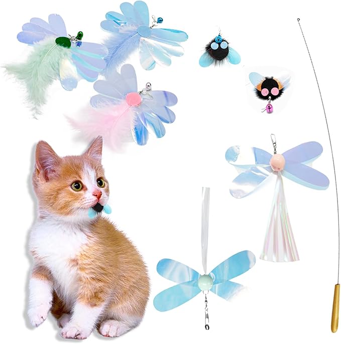 Cat Wand Toy, Shiny Insect Cat Toy, 7 PCS Replacements with Bells for Cat Fishing Pole Toy, Refills for Interactive Cat Toy Bugs, Chase and Exercise, (Insects + Cat Wand)
