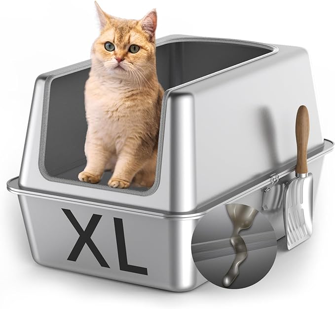 All Stainless Steel Cat Litter Box with Lid,Jumbo XL Metal Litter Box with 13.8''High Sides Cover,Extra Large Enclosed Litter Boxes for Big&Multiple Cat,Anti Urine Leakage,Odor Free,with Metal Scoop