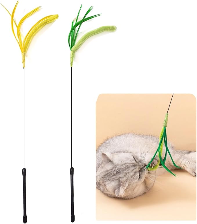 IUHKBH Cat Wands, 2 PCS Steel Wire Cat Feather Toys Long Pole Cat Teaser Wand Interactive Cat Toy for Cats and Kitties