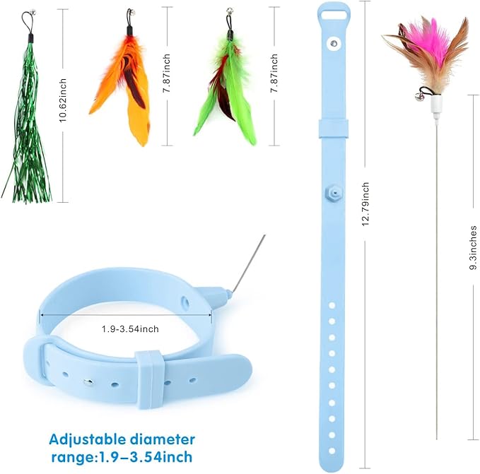 Cat Feather Collar Toy, Interactive Cat Toys for Indoor Cats Self Play Funny Teaser Wand Neck 3-in-1 Cat Collar Toy Feathers with Bell & 3 Refills Hands Free for Cats Play Blue