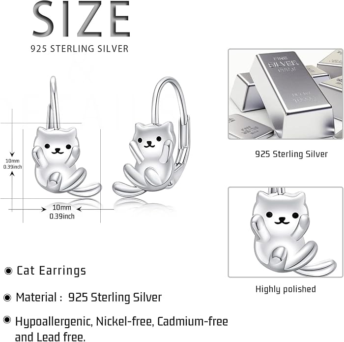925 Sterling Silver Cat Earrings Cute Animal Kitten Stud Earrings cat Jewelry Gifts for Women Girls Hypoallergenic Earrings for Sensitive Ears
