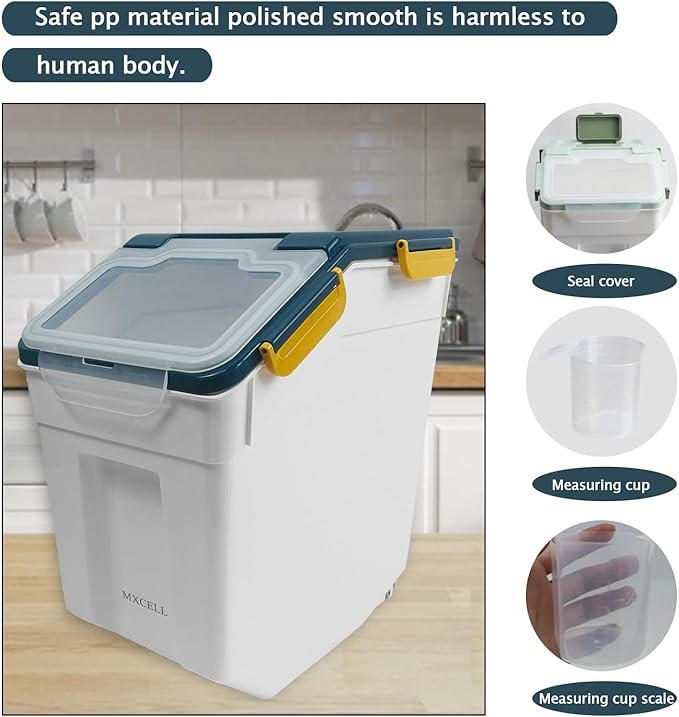 Large Airtight Dog Food Storage Container With spoon and Measuring Cup, 15~30LB Pet Food Storage Container Bin,for Rice/Grain/Pet Food/Flour(Blue)