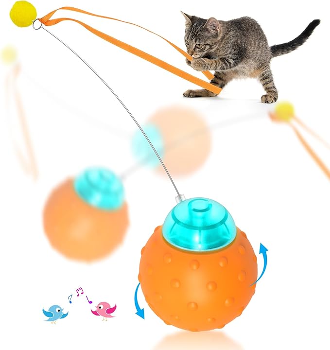 Interactive Cat Toy Ball, Touch Activated Cat Toys for Indoor Cats with Chirping Bird, Automatic Rolling Ball, Rechargeable Self Play Cat Toys