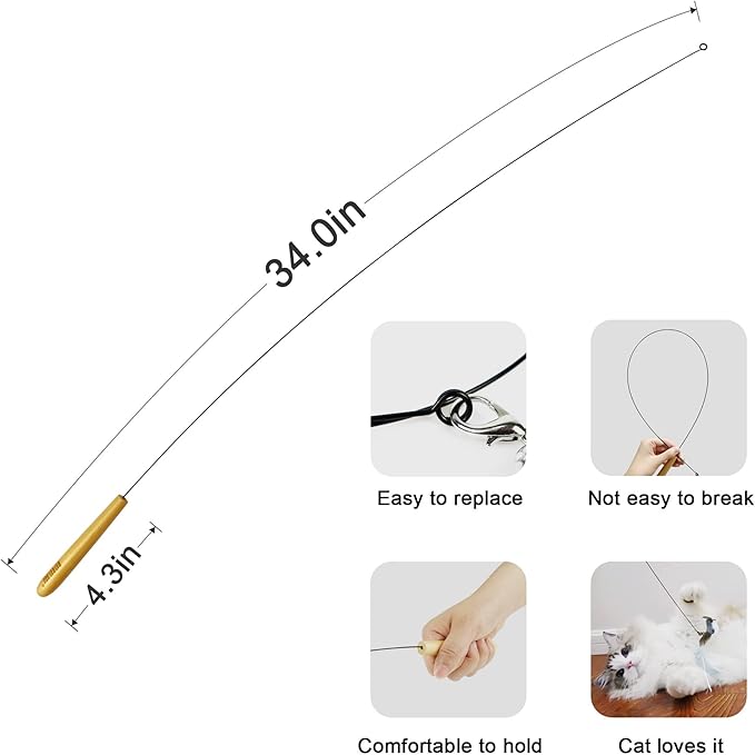 Interactive Bird and Insect Simulation Cat Toy Set with 4 Feather Refills, 29'' Flexible Steel Wire, Sturdy Wood Handle & Bell,Cat Wand Toys for Indoor Cat and Kitten.