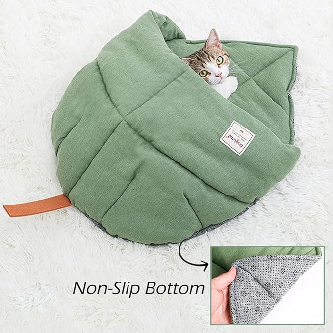 Cat Sleeping Bag , Linen Fabric Bed Cave Leaf Nest Pet Cuddle Zone Covered Hide Hood Burrowing Cozy Soft Durable Washable with Non-Slip Bottom for Indoor Puppy and Kitten (Green), PD50082