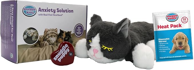 Original Snuggle Kitty Heartbeat Stuffed Cat Toy by Snuggle Puppy. Pet Anxiety Relief and Calming Aid for All Breed Sizes in Gray & White
