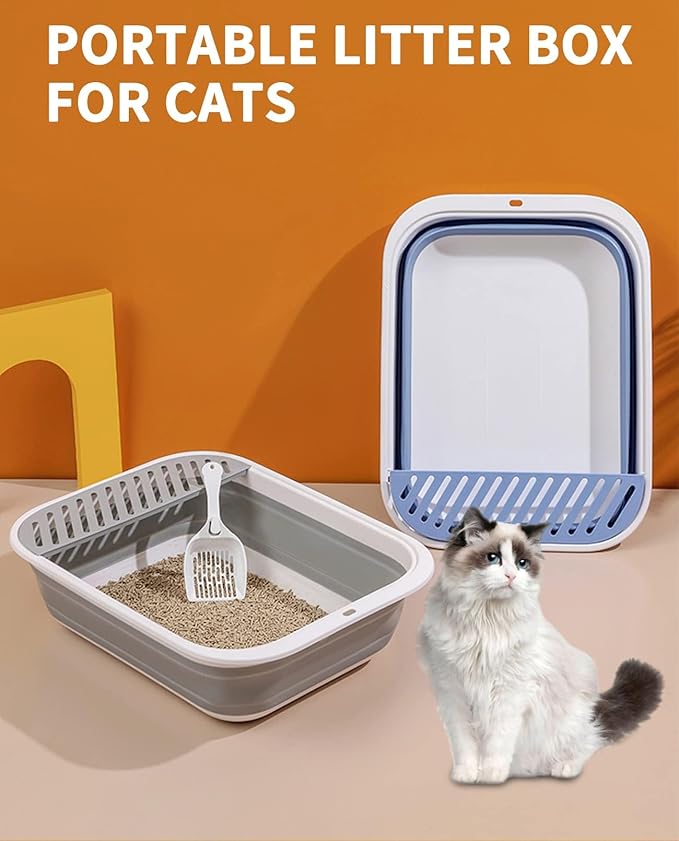BNOSDM Collapsible Small Cat Litter Box for Kittens Open Potty Pan Foldable Cat Toilet with Scoop Senior Kitty Travel Shallow Litters Boxes Anti-Splash Waterproof Grey 17.7"×13.4"