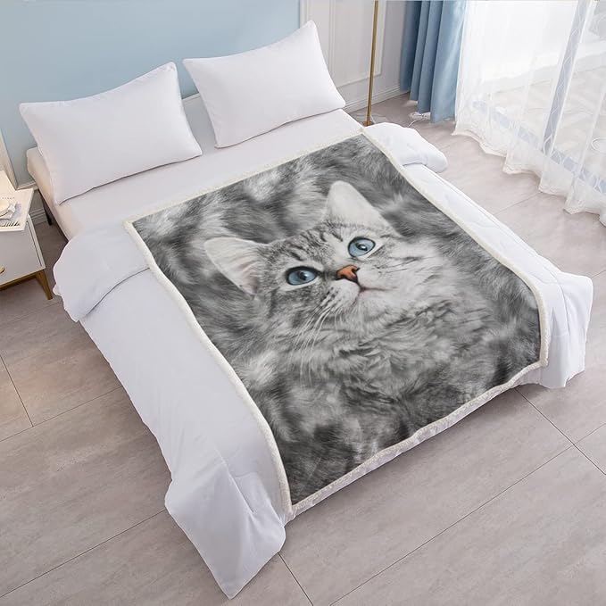 SOULZZZ Gray Cat Blankets for Cat Lovers Kids & Adults Cute Grey Cat Fleece Sherpa Blanket for Bed Chair Couch Travel Cat Themed Gifts for Women & Girls (50x60 Inches)