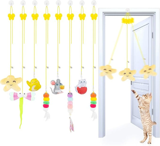 8PC Interactive Cat Toy Cat Feather Toy, Hanging Cat Toy Cat Door Toy Retractable Cat Teaser Hunting Toy, Door Hanging Kitten Mouse Toy Door Frame Hanger for Indoor Cat Mental Physical Play