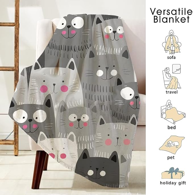 COLLA Cute Cat Blanket for Girls Women, Lightweight Soft Fleece Flannel Throw Blanket for Cat Lovers Sofa Couch Living Room 50x40 Inch