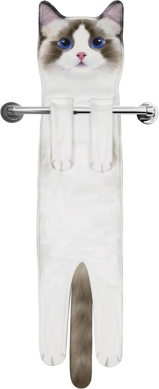 Cat Funny Hand Towels for Bathroom Kitchen- Cute Decorative Kitten Decor Hanging Face Towels- Unique Housewarming Valentines Mothers Birthday Gifts for Women Mom Cat Lovers