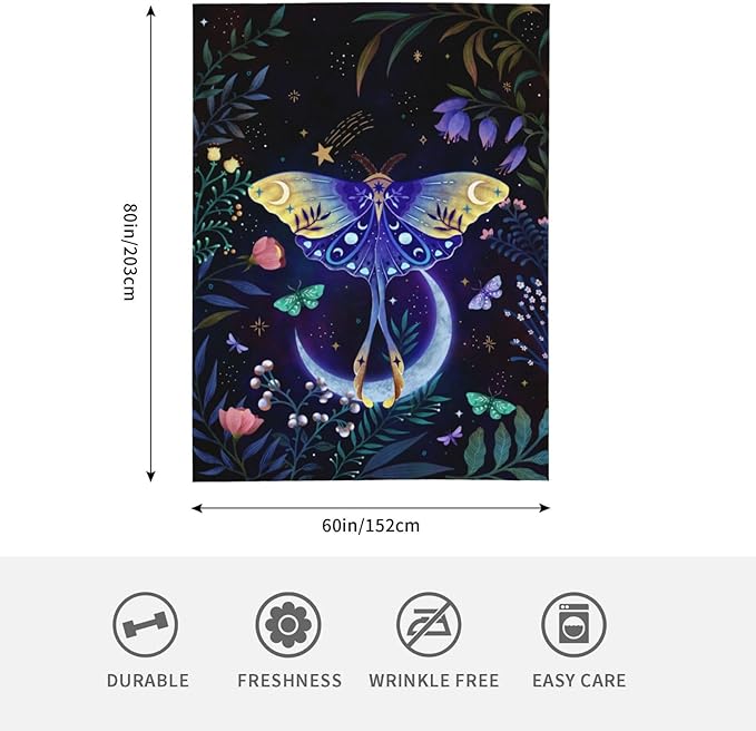 Moon Moth Throw Blanket Soft Cozy Lightweight Blanket for Couch, Bed, Sofa - Moth Pattern Decorative Plush Flannel Blanket for Women, Men, Teens 60"x50"