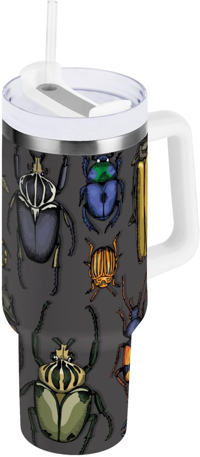 Boccsty Bright Insects Dark Insulated Tumblers Beetle Reusable Stainless Steel Tumbler 30 oz Cup Coffee Travel Mug Water Bottle with Handle & Flip Straw for Home Office Car