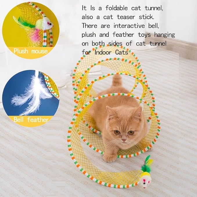 Cat Tunnels for Indoor Cats, Folded Upgrade Large Collapsible Cat Tube Tunnel with Feather Mouse Toys, Cat Tent Play Tunnel with Interactive Toy for Kitten and Cats, Exercise Cat Toys(Yellow)