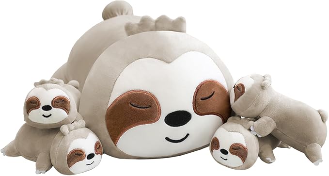Sloth Stuffed Animal Cute Sloth Plush Pillow with 4 Baby Plushies in Her Tummy, Soft Cotton Stuffed Animals Toy Gifts for Kids