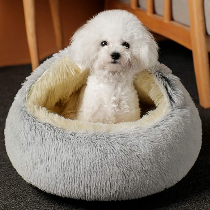 La La Pet® Modern Pet Soft Plush Burrowing Cave Faux Fur Cuddler Round Cat Bed Self Warming Autumn Winter Indoor Snooze Sleeping Cozy Nest for Mini Medium Sized Dog Kitty Teddy Kennel (Gray, M)