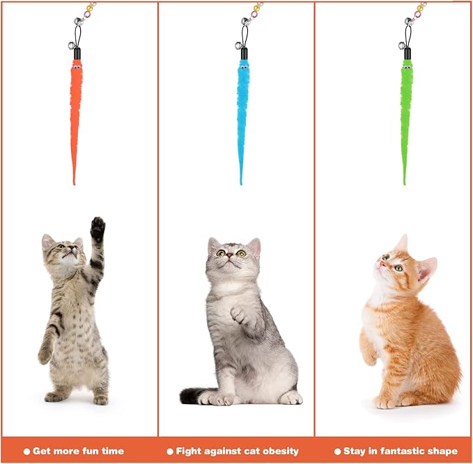 cobee Cat Toys Wand Replacement, 6pcs Furry Tail Worms with Bells + Cat Fishing Pole Toy, Cat Wand Toy Replacement Refills, Assorted Teaser Refills with Bell for Cat Kitten