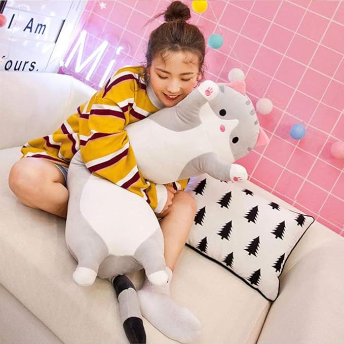 Cute Cat Plush Long Body Pillow Cat Stuffed Animals Plushie Toy Soft Throw Sleeping Cotton Kitten Pillow Gift for Kids Girls (Gray, 28")