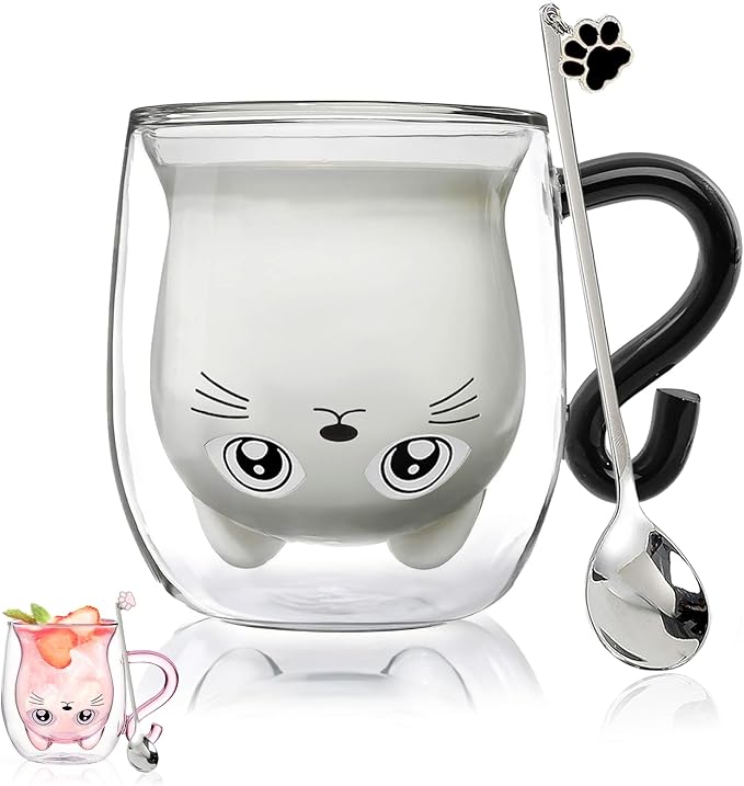 Black Cat Mug Cute Mug with Handle Double Walled Coffee Mugs Kawaii Cat Presents for Women Glass Mugs Tea Cup Cute Birthday Gifts for Cat Lovers Ideas Halloween Christmas
