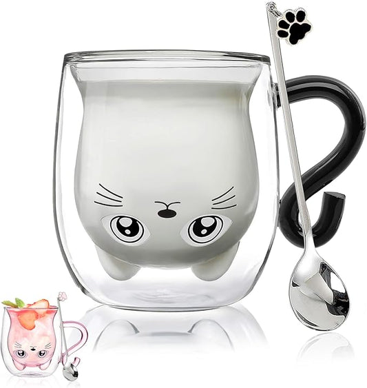 Black Cat Mug Cute Mug with Handle Double Walled Coffee Mugs Kawaii Cat Presents for Women Glass Mugs Tea Cup Cute Birthday Gifts for Cat Lovers Ideas Halloween Christmas