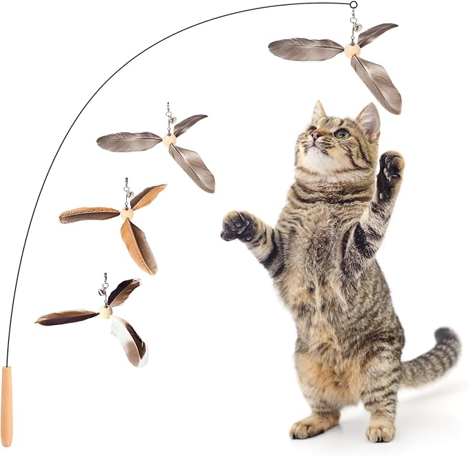 Cat Wand Toys, Interactive Cat Toys, 3 Nature Feather Refills, 35” Flexible Steel Wire, Sturdy Wood Handle and Bell, Cat Teaser Cat String Toy for Indoor Cats Kitten to Play Chase Exercise