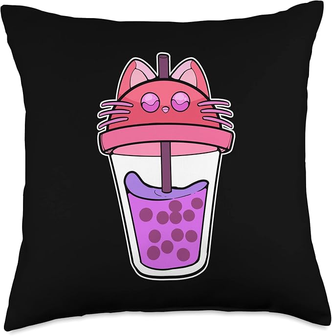 Anime Cat Girl Bubble Tea Manga Figure Kitten Boba Cats Throw Pillow