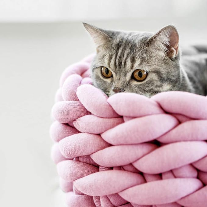 Lucky Monet Cat Basket Bed Cotton Knitted Round Pet Beds for Cats Cute Boho Cat Pet Bed Warm Woven Cat Nest for Puppy Kitten Cats Dogs (11.8", Pink)
