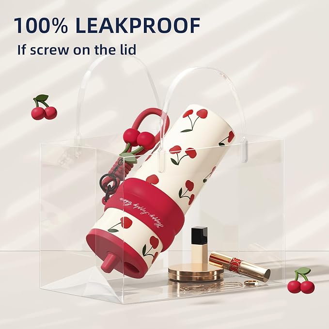 24 OZ Stainless Steel Tumbler with Lid and Straw, Sidagar Insulated Water Bottle Leak Proof for Hot and Cold, Portable Iced Travel Coffee Mug, Reusable Thermal Coffee Cup For Women Women, Cherry