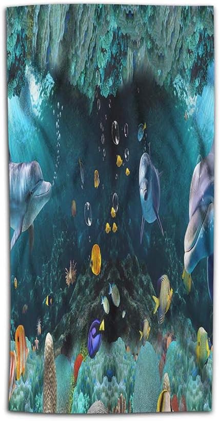 AOYEGO Dolphin Hand Towel Ocean Sea Fish Coral Reef Underwater World Towel 15x30 Inch Kitchen Bathroom Soft Microfiber Face Towel for Men Women
