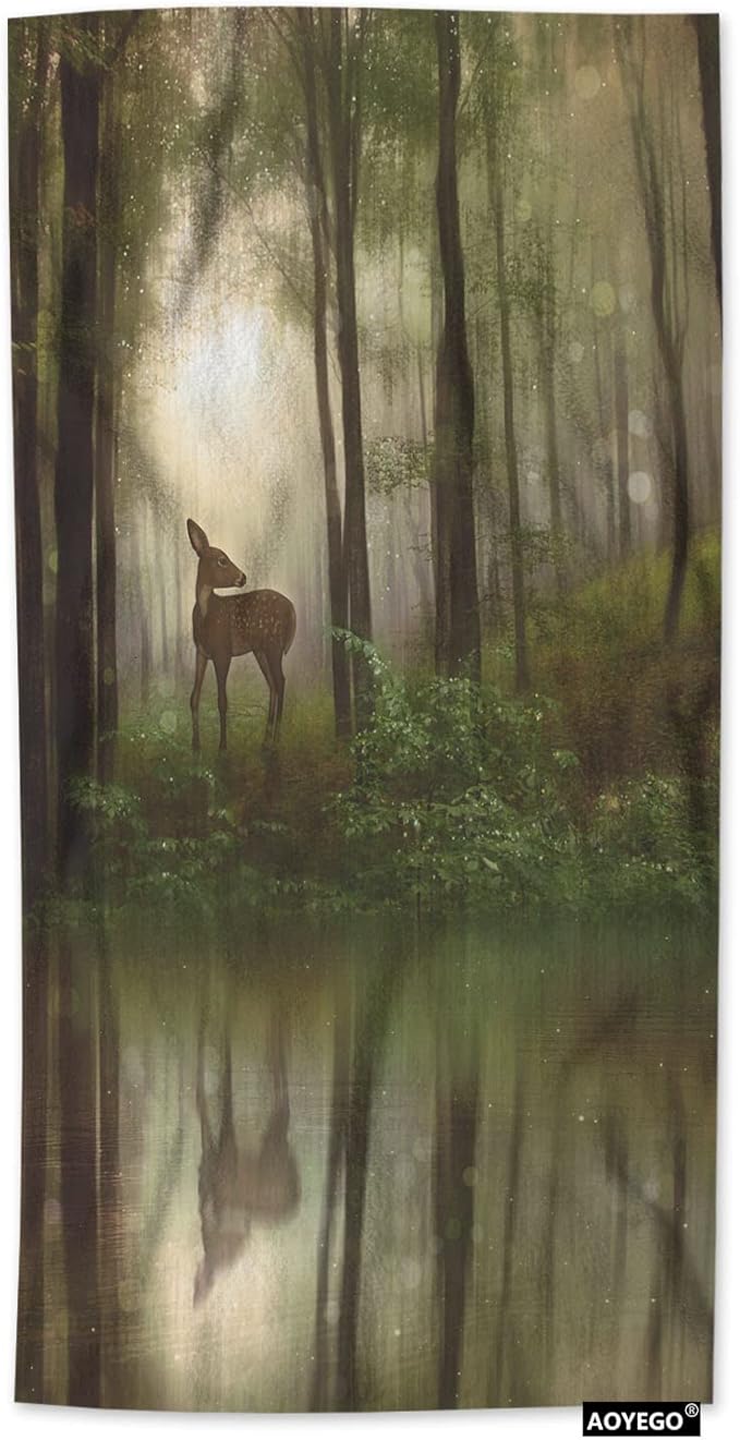 AOYEGO Brown Deer Hand Towel Fawn in Middle of with Lake River Water Trees Leaves Decorative Soft Highly Absorbent Bath Towels Home Hotel Spa Bathroom Towel 15x30 Inch